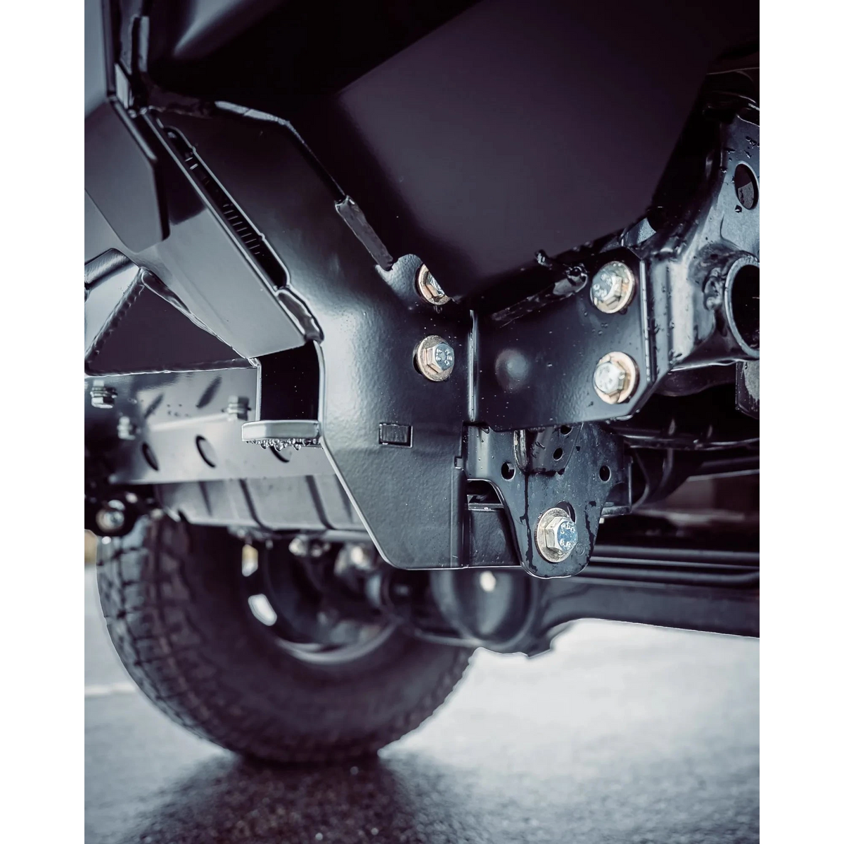 Underside view of the TCC 70 Series Single Cab Bull Bar - Facelift (2024 - Present) mounting on a LC70