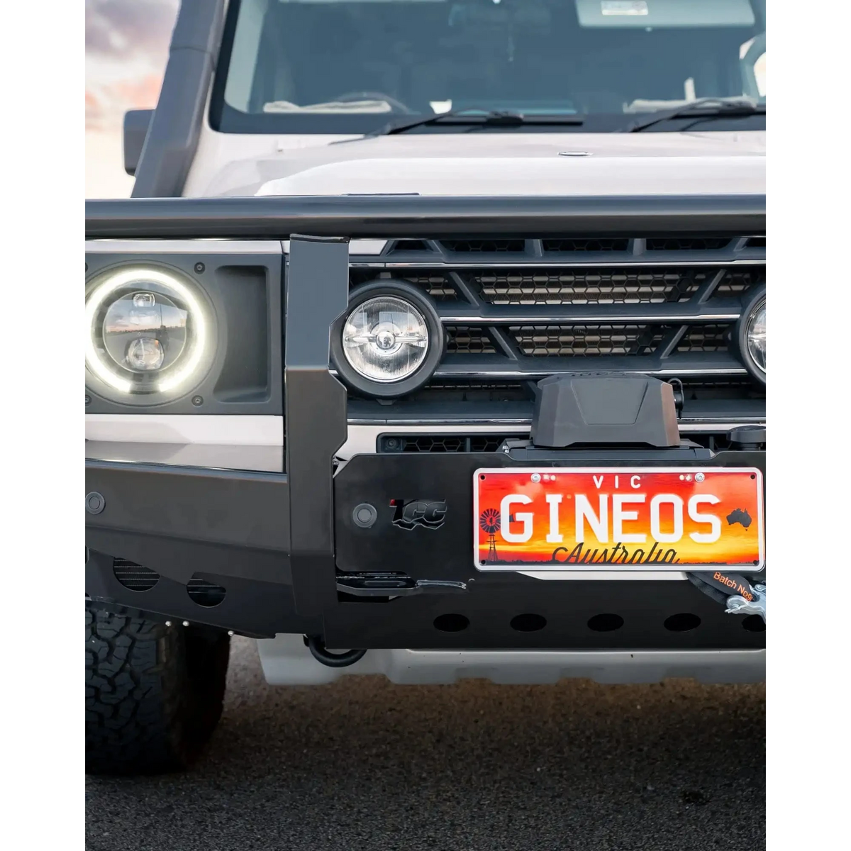 Front view of an Ineos Grenadier with the TCC Ineos Grenadier Bull Bar fitted