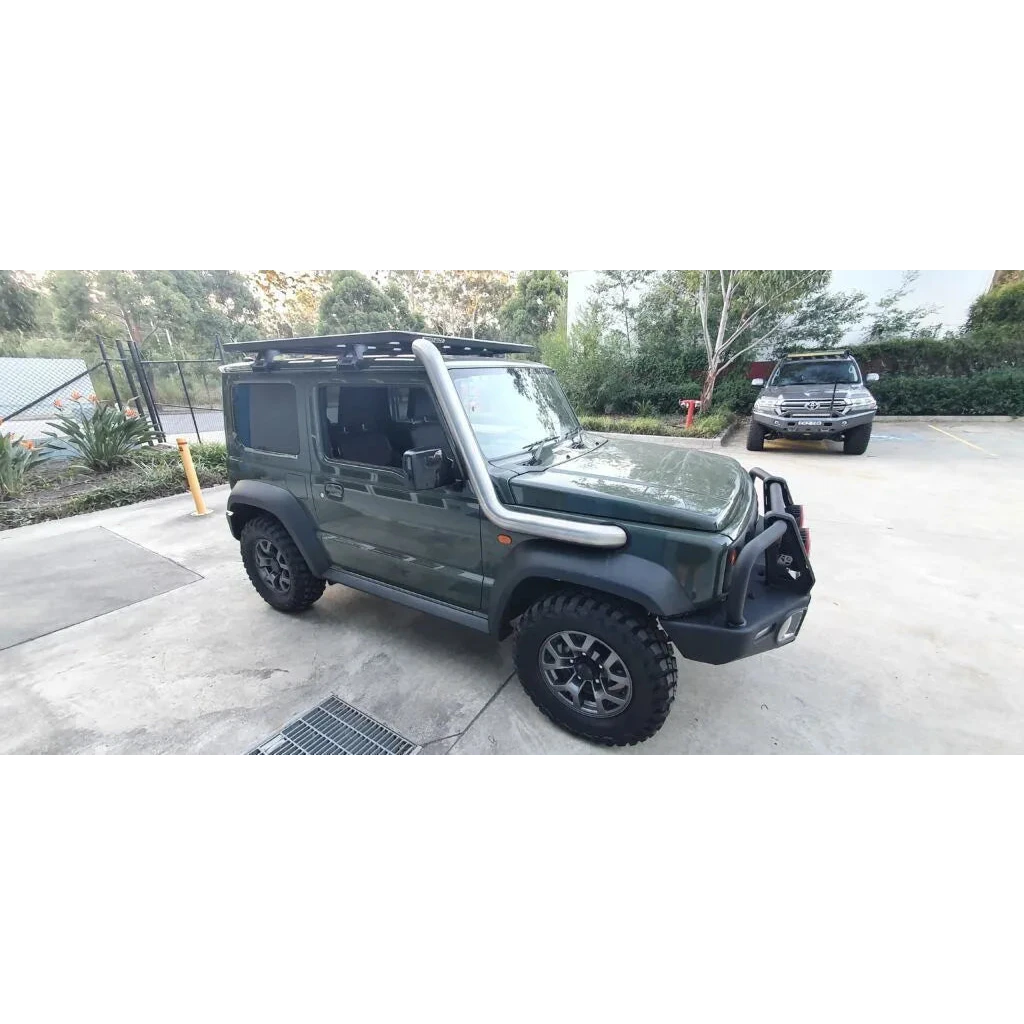 Green Suzuki Jimny with roof rack and snorkel – Torqit 3.5" Stainless Steel Snorkel (Matte Black) for Suzuki Jimny (JB74 / JC74 XL)
