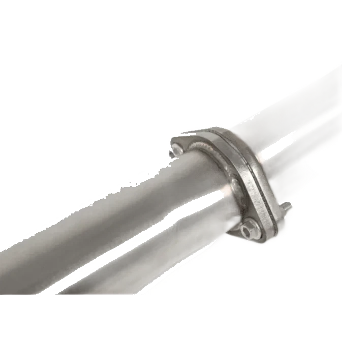 Close-up of a metal exhaust pipe with a white background – Torqit 3″ DPF Back Performance Exhaust for D23 NP300 2.3L Nissan Navara 05/2015+