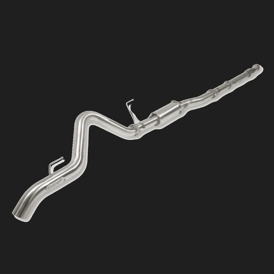 Full stainless DPF-back exhaust system laid out end to end, showing the front pipe, the centre resonator, the flexible joint and the rear tailpipe with its hangers