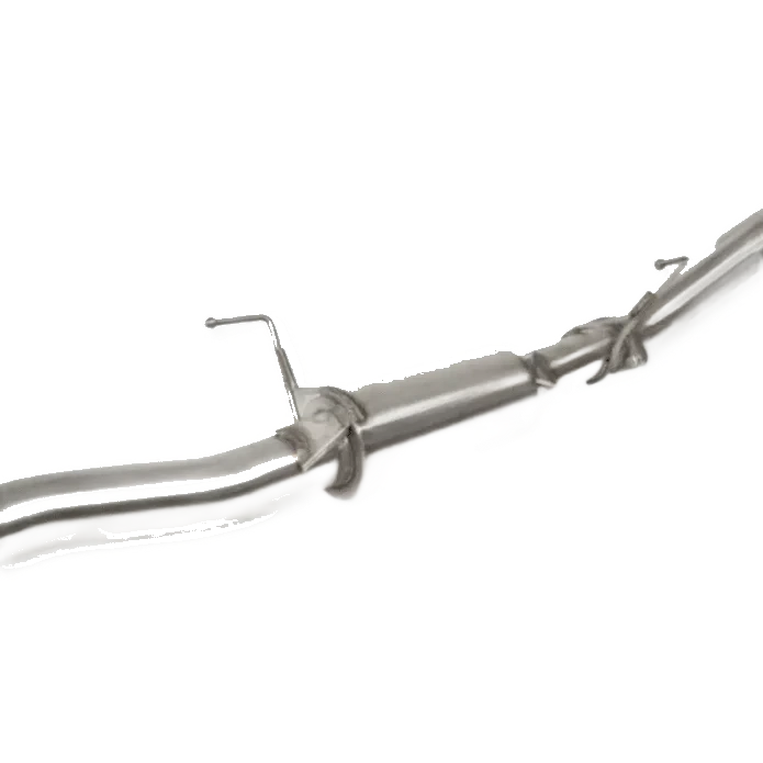 Close-up of the centre resonator on a stainless exhaust, showing the welded band clamp, the hanger rods and the polished pipe running away in both directions – Torqit 3” DPF Back Performance Exhaust - ISUZU D-MAX 3.0TD GEN 3 9/2020+