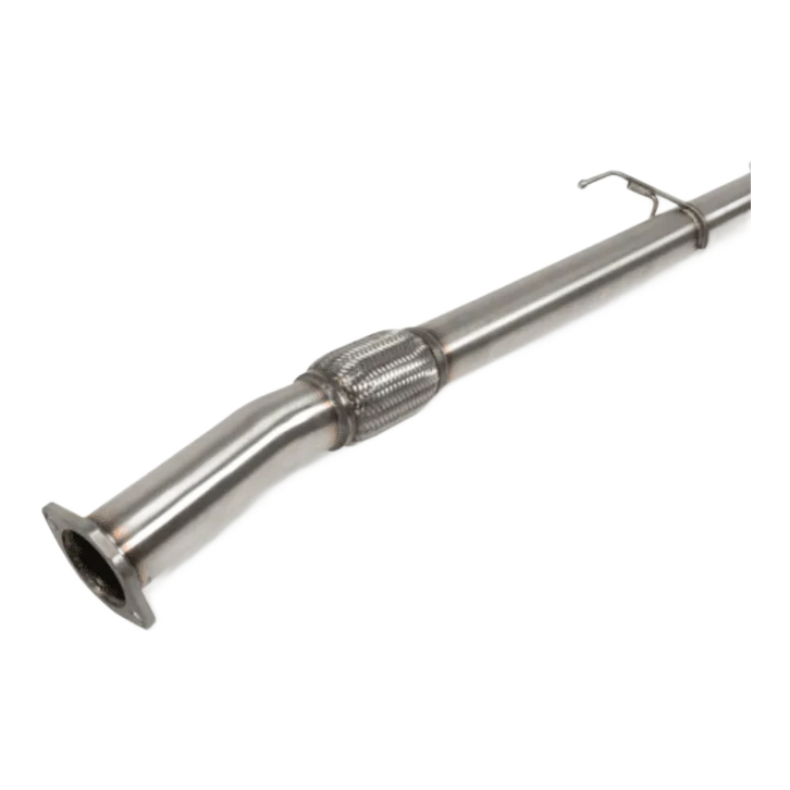 Close-up of the braided flexible joint in a stainless exhaust, sitting between the flanged front pipe and the main run, with a hanger rod welded above – Torqit 3” DPF Back Performance Exhaust - ISUZU D-MAX 3.0TD GEN 3 9/2020+