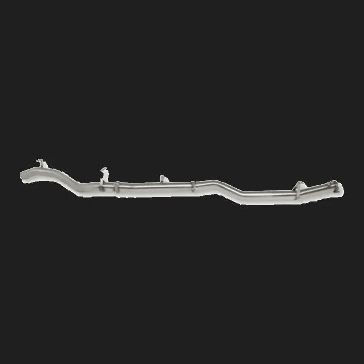 Metallic exhaust pipe on a white background – Torqit 3″ Single Exit DPF Back Exhaust 79 Series 4.5L Toyota Landcruiser Dual Cab 2016-09/2023
