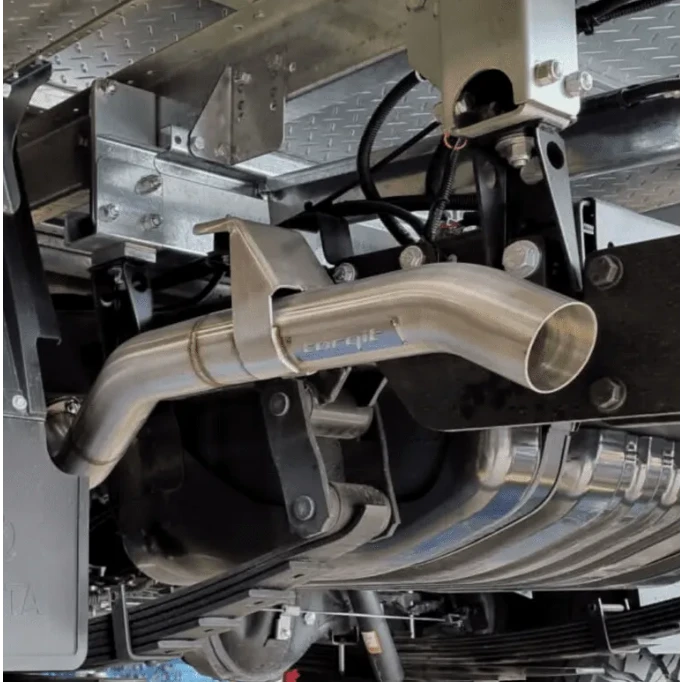 Close-up of the exhaust with Torqit branding – Torqit 3″ Single Exit DPF Back Exhaust 79 Series 4.5L Toyota Landcruiser Single Cab 2016-09/2023
