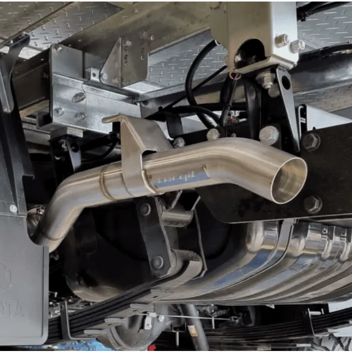 Close-up of the Torqit logo on a fitted twin exit DPF back exhaust – 79 Series Toyota Landcruiser