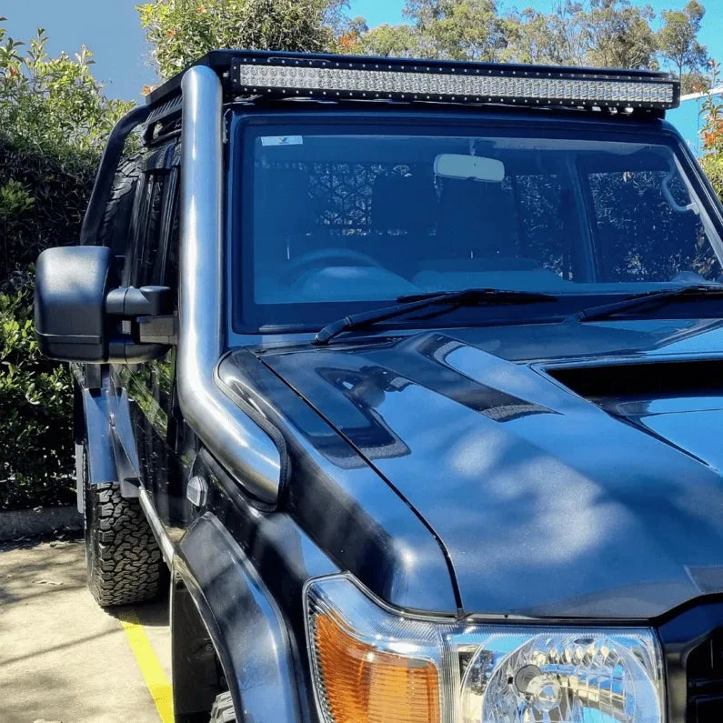 Black 79 Series Landcruiser with snorkel and driving lights – Torqit 4" Stainless Steel Snorkel (Matte Black) for Toyota 79 Series Landcruiser