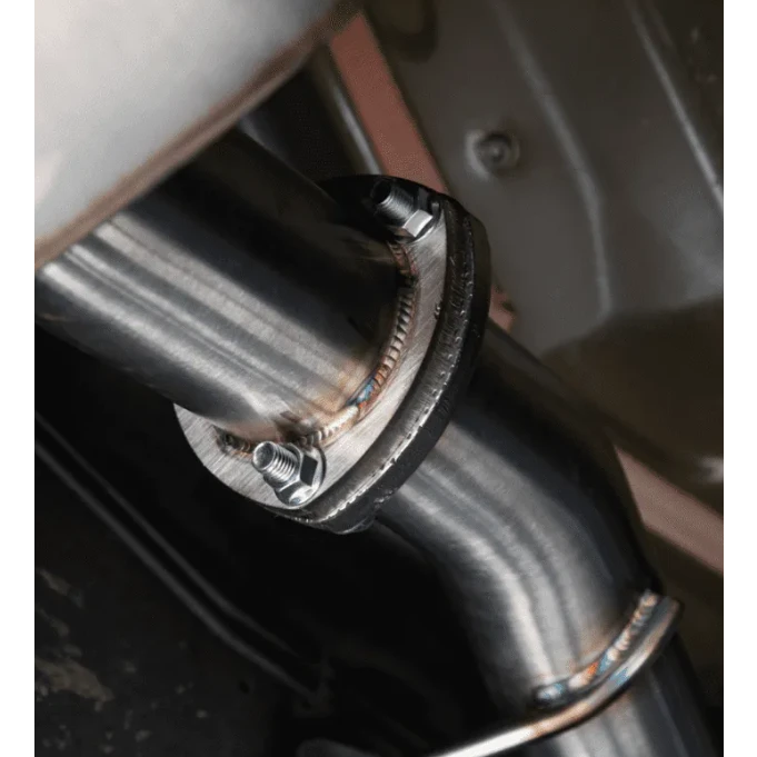 Close-up of a metal exhaust pipe with a bolt, likely from a vehicle – Torqit Single Exit 3″ Cat Back Performance Exhaust for Jeep Gladiator 2020+