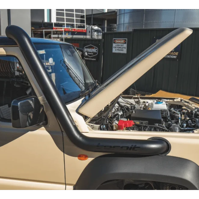 Beige Suzuki Jimny with bonnet open showing the airbox – Torqit Stainless Steel Airbox (Matte Black) for Suzuki Jimny (JB74 / JC74)
