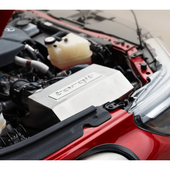 Torqit airbox in the engine bay of a red Hilux – Torqit Stainless Steel Airbox (Matte Black) for Toyota Hilux 2.8L