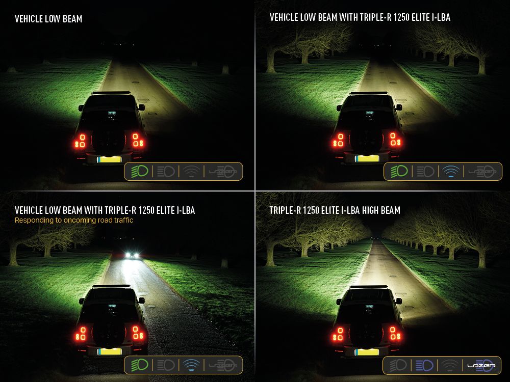 Comparison of vehicle headlights on a dark road with different light settings.