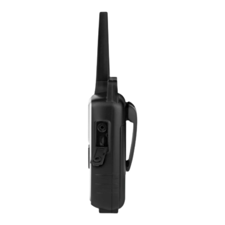 Side view of a Uniden UH620 handheld UHF radio, showing the flexible antenna, the accessory socket under its cover and the sprung belt clip on the back