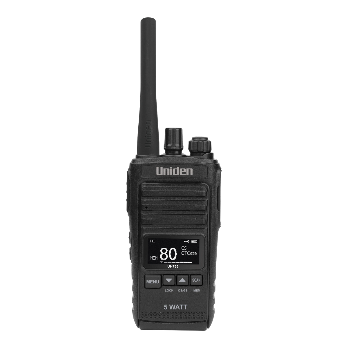 Uniden UH755 handheld UHF radio face on, the Uniden name above the speaker grille, the display showing channel 80 on memory with CTCSS 050 and a full battery, the menu, up, down and scan keys below, and 5 WATT marked at the base