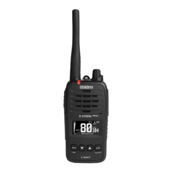 Uniden XTRAK 50 Pro handheld UHF radio standing upright, the flexible antenna above the speaker grille and the screen showing channel 80 with the DCS code 104, 5 WATT marked below the keypad