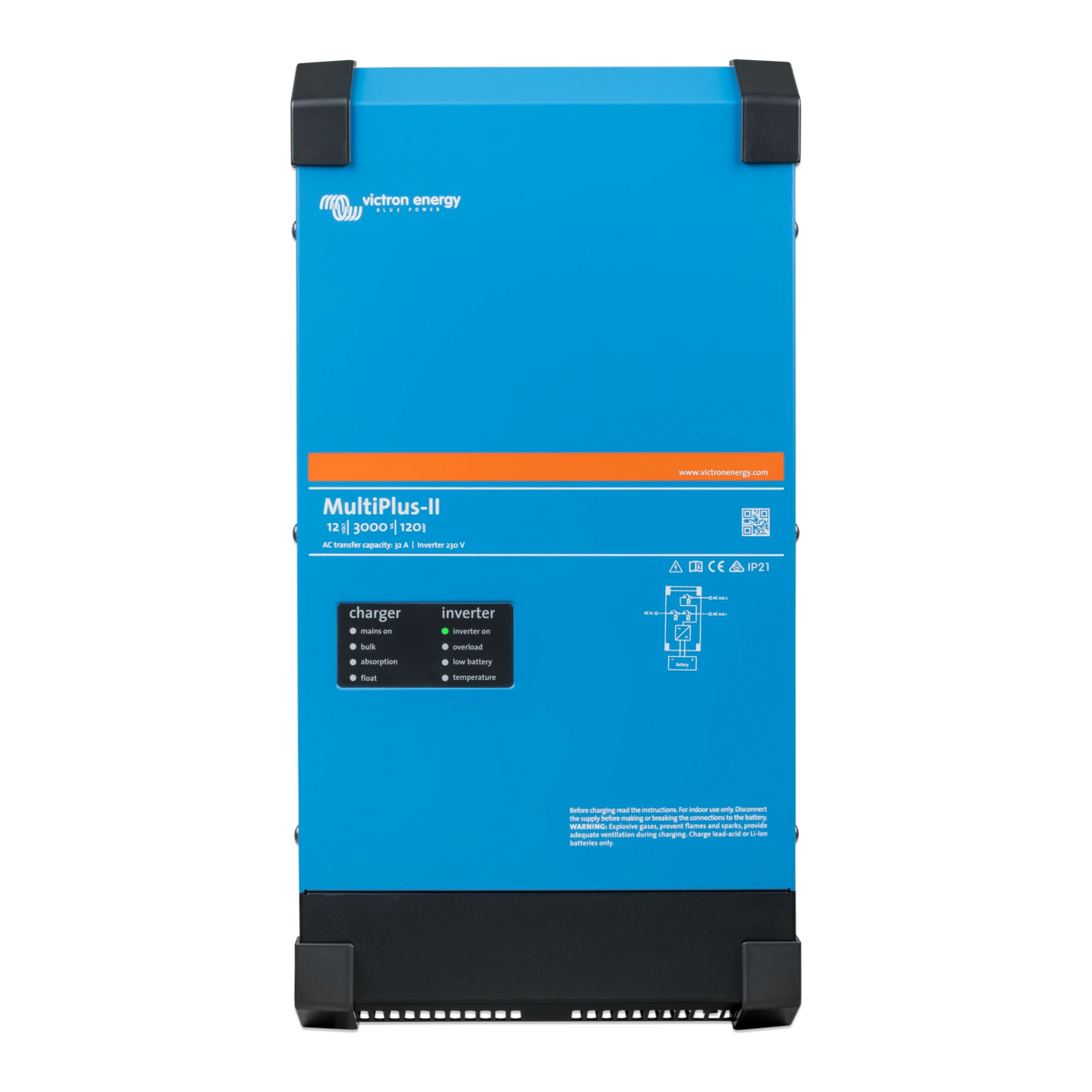 Victron MultiPlus-II 12V 3kVA 230V inverter charger, front view