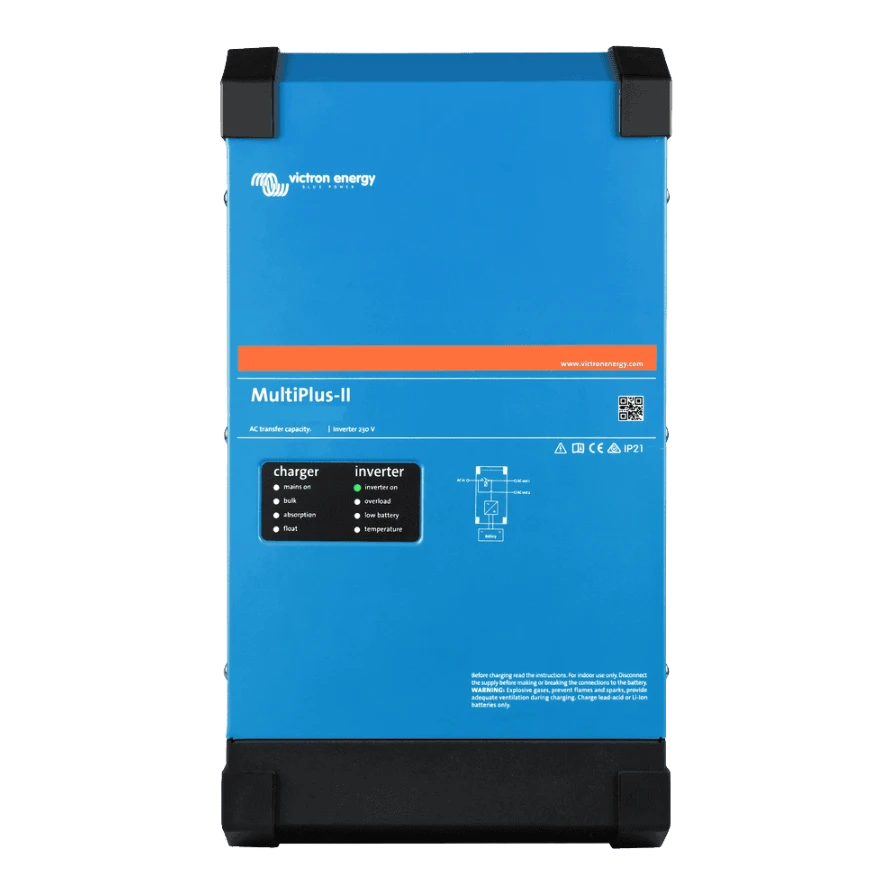 Victron MultiPlus-II inverter charger front view, showing the blue steel case and the charger and inverter status LED panel