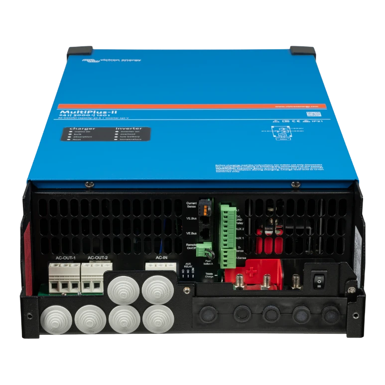 Victron MultiPlus-II with the connection cover removed, showing the terminal layout, cable glands and the main on off switch