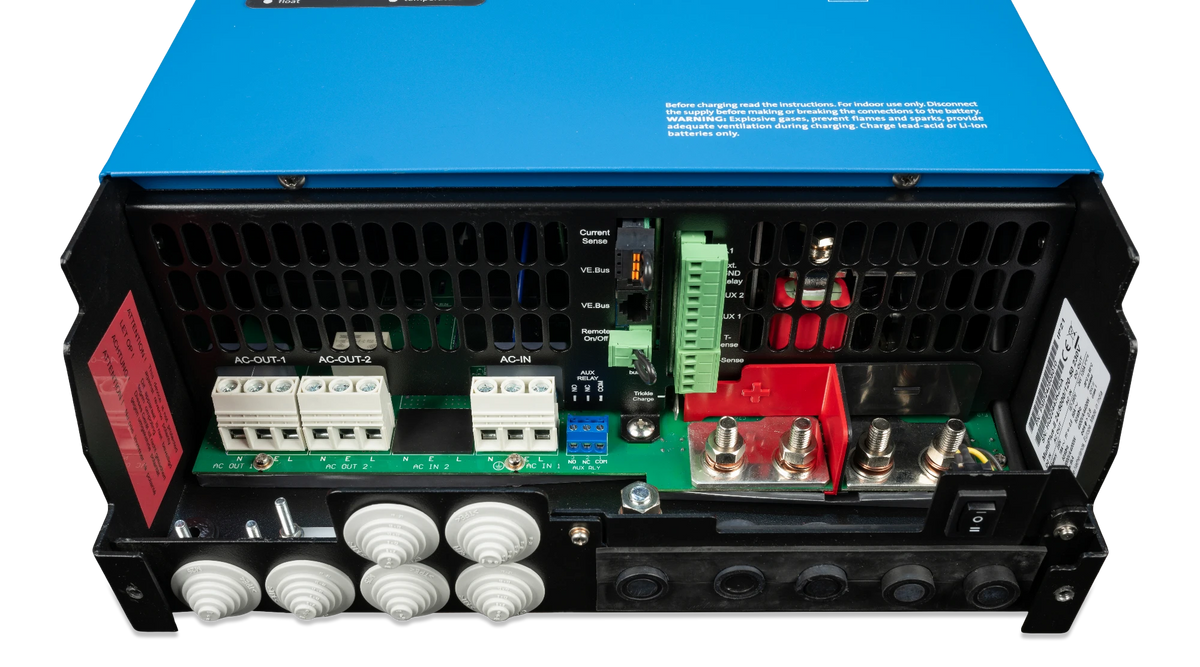 Victron MultiPlus 24/5000/120-100 230V VE.Bus – connection area with cover removed
