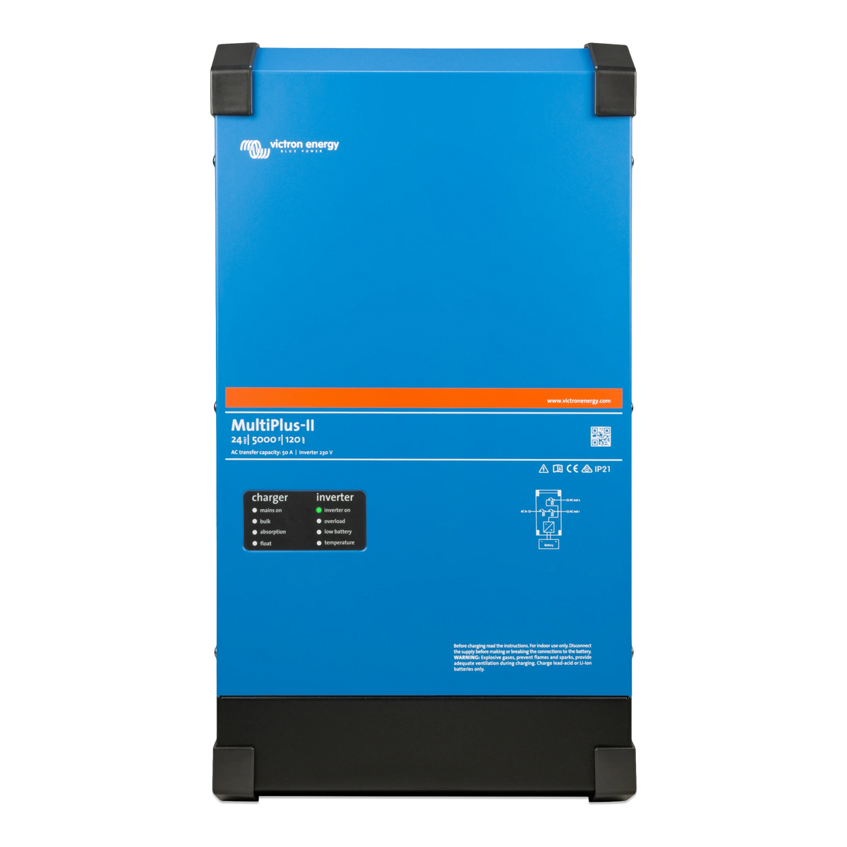 Victron MultiPlus-II 24/5000/120 front view, marked with a 50 A AC transfer capacity