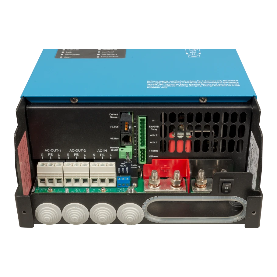 Connection area of the Victron MultiPlus-II with the cover removed, showing the AC-OUT-1, AC-OUT-2 and AC-IN terminals, VE.Bus ports, current sense, remote on off, auxiliary relay and the battery terminals