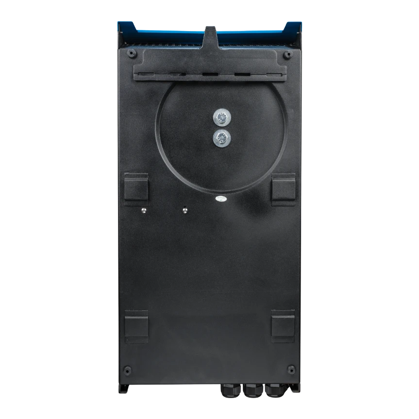 Black rectangular industrial component with circular opening on a white background