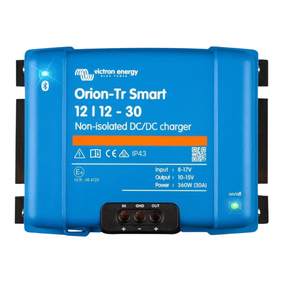 Victron Orion-Tr Smart 12/12-30A non-isolated DC-DC charger front view with blue housing and status indicator