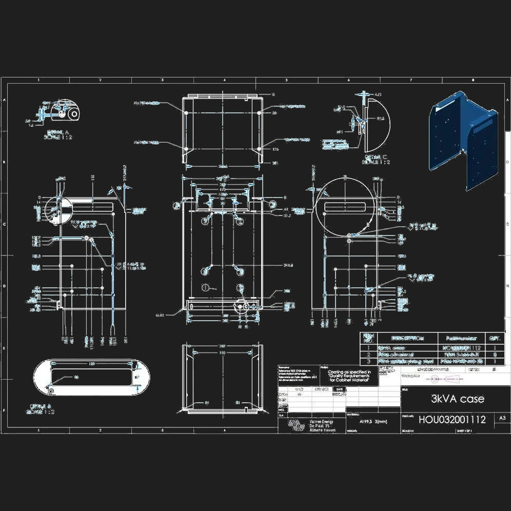 Victron engineering drawing for the 3 kVA enclosure, part number HOU032001112, with dimensioned front, side and top views in millimetres
