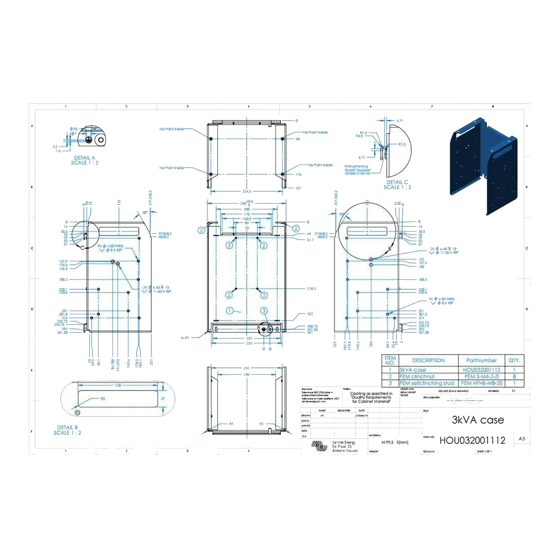 Victron engineering drawing for the 3 kVA enclosure, part number HOU032001112, with dimensioned front, side and top views in millimetres