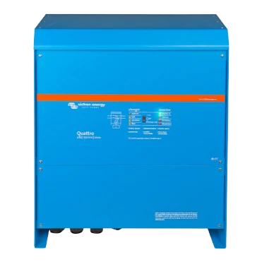 Front view of a large-case Victron Quattro, the full-width orange band sitting above the charger and inverter status legend