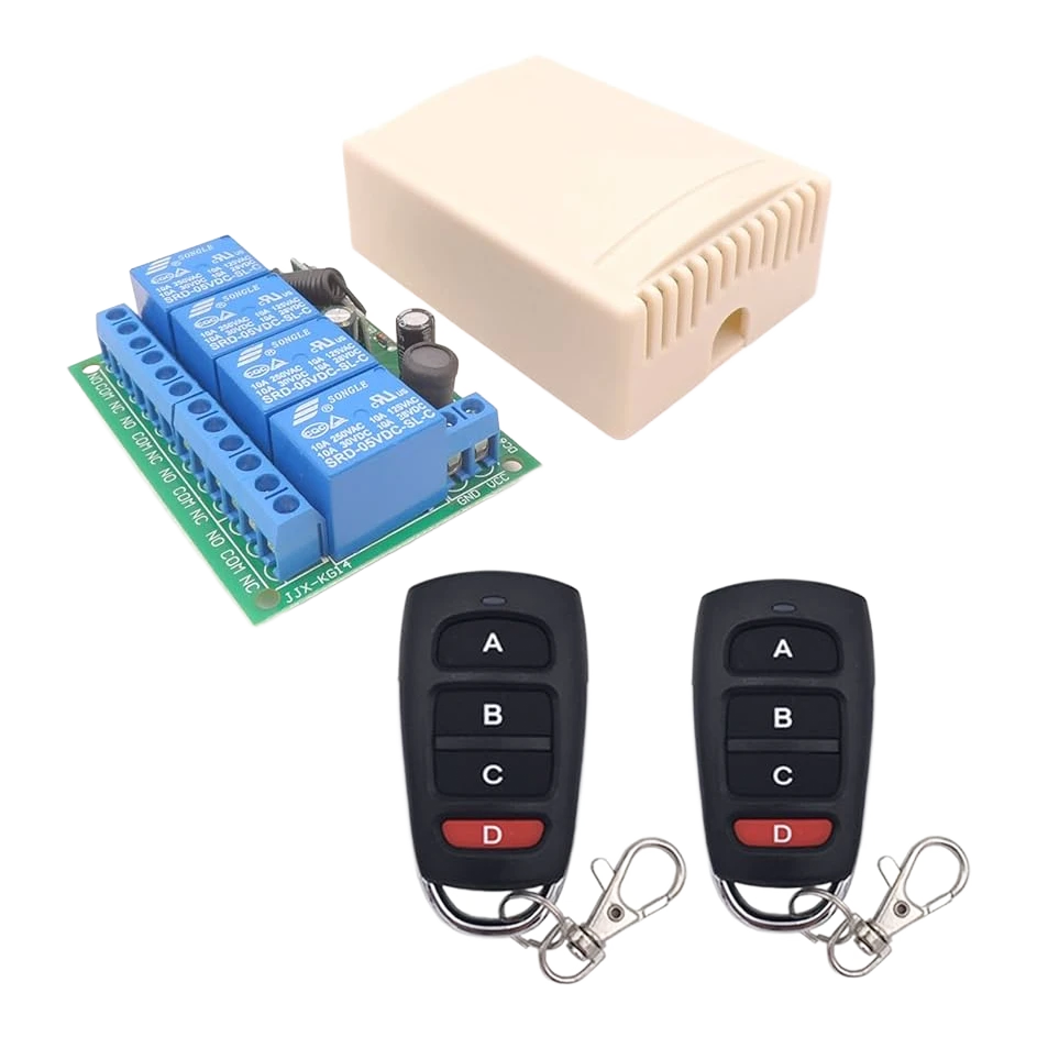 Wireless RF Relay Kit — 4 Channel 12V/24V receiver and two 433MHz keyfob remotes