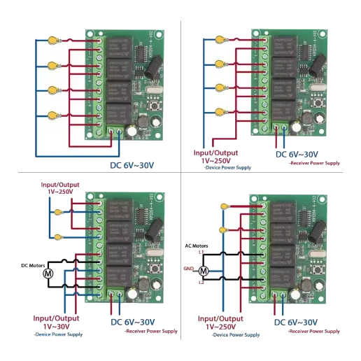 4-channel receiver board with terminals and dual 4-button keyfob remotes