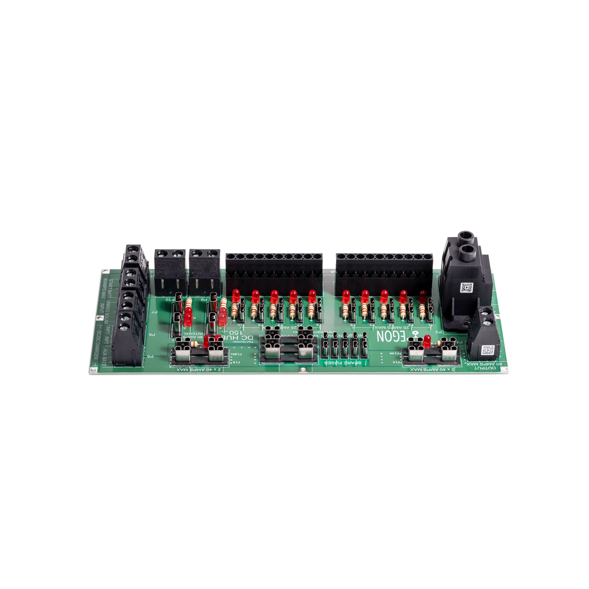 The DC Hub board seen edge on against a plain background, with the two rows of blade fuses and indicator LEDs, the heavy Anderson-style input block at one end and the smaller screw terminals down the side