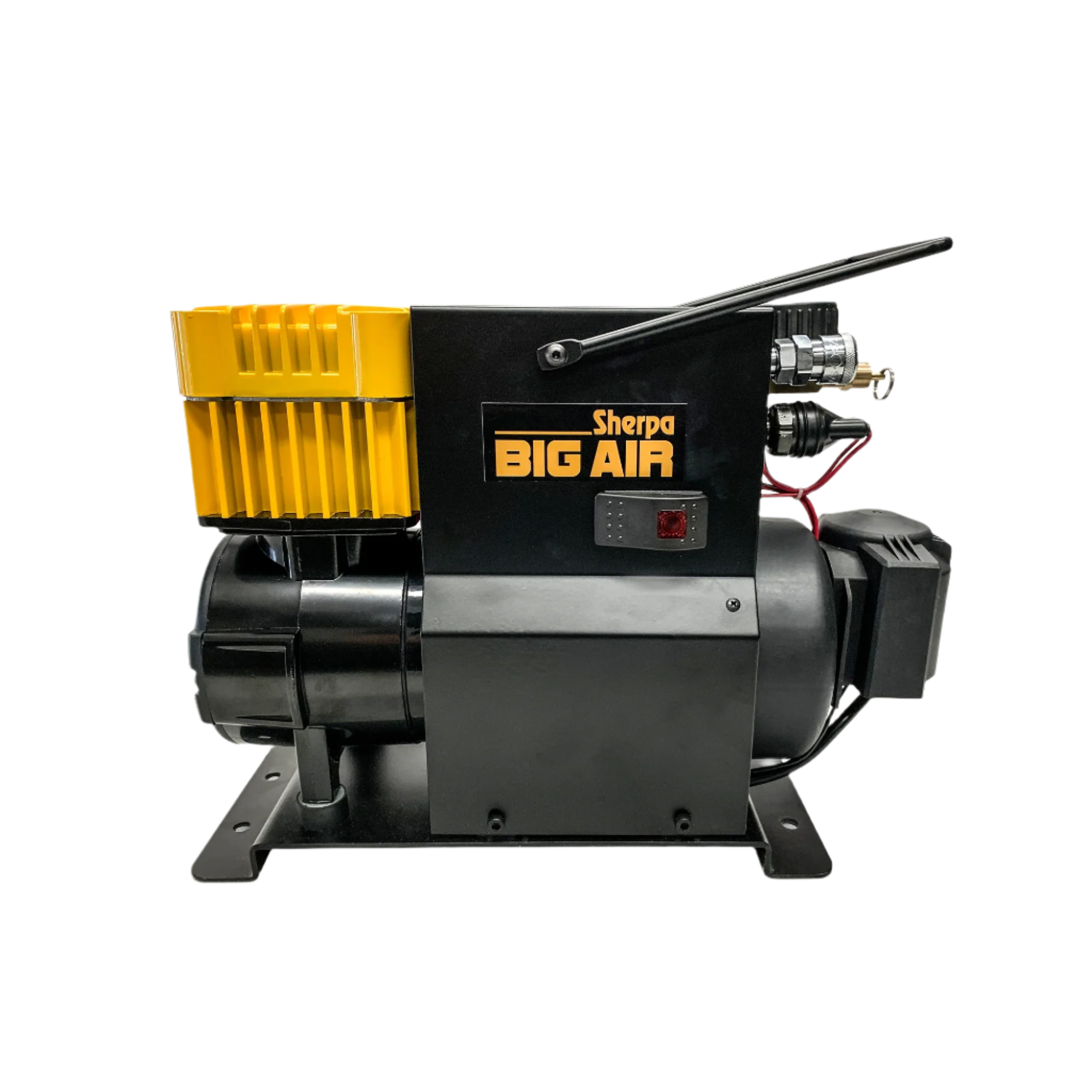 PORTABLE 12V OIL FREE AIR COMPRESSOR Sherpa have built on their high performance winch designs to couple a massive electric motor to a completely new air compressor. The Sherpa BIG AIR is an oil free compressor that has been optimised to deliver air up to 90 PSI meaning it can deliver higher volumes at more usable pressures. | Perth Pro Auto