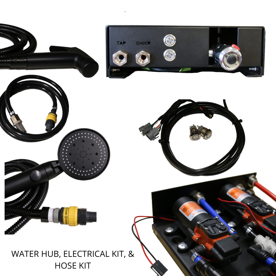 Everything in the Water Hub, electrical kit and hose kit laid out together: the hub itself, a shower hose and rose, a tap outlet hose with quick-connect fitting, the wiring loom with its two illuminated switches, and the hub with the cover off showing the twin pumps inside