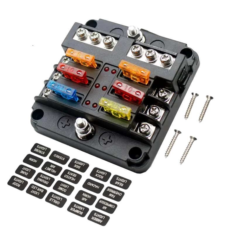 Fuse Block 6 Way Fuse Negative Bus Bar & Red LED & Fuses