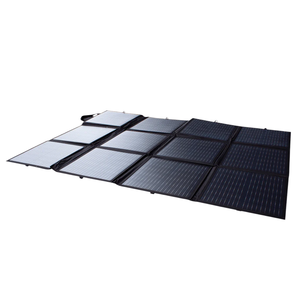 A folded portable solar blanket with monocrystalline solar cells, designed for outdoor use.
