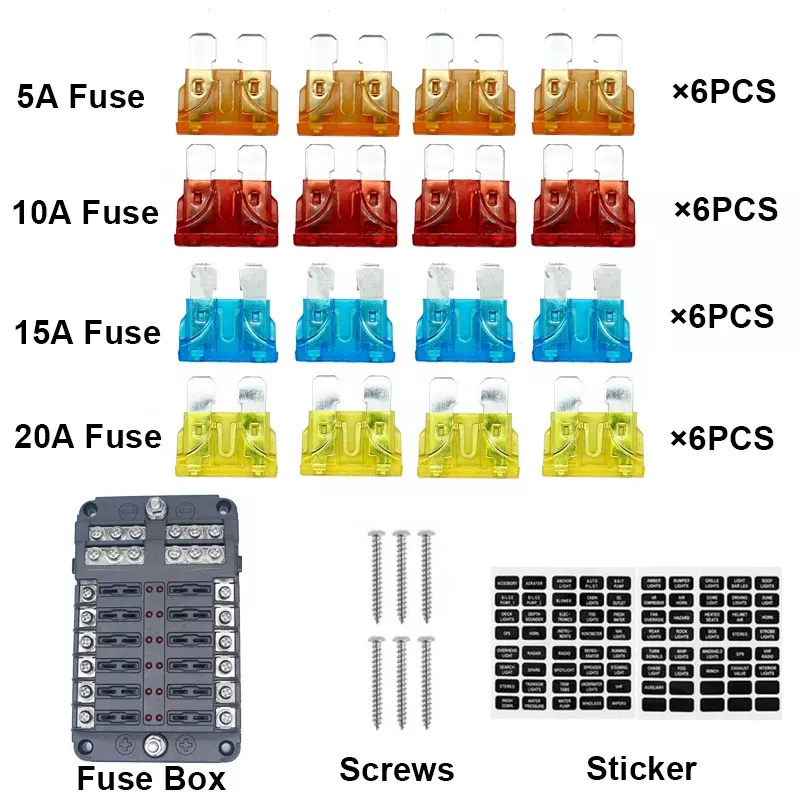 Fuse Block 12 Way Fuse Negative Bus Bar & Red LED & Fuses