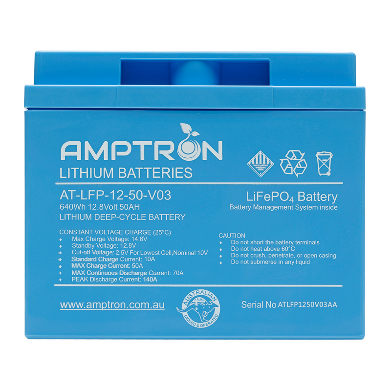 Amptron AT-LFP-12-50-V03 lithium battery face on, 640Wh 12.8 Volt 50Ah, the label listing max charge voltage 14.6V, standby 12.8V, cut-off 2.5V per cell nominal 10V, standard charge 10A, max charge current 50A, max continuous discharge current 70A and peak discharge 140A