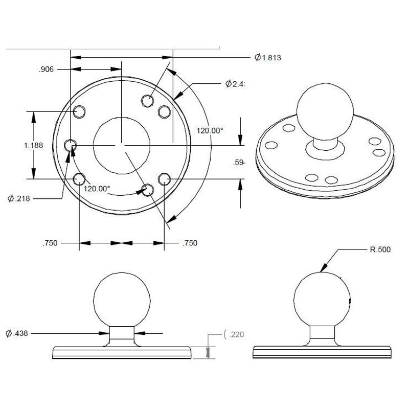 RAM 7/16" Dia.base Round Base with 1" B-Size Ball | Phone Holders