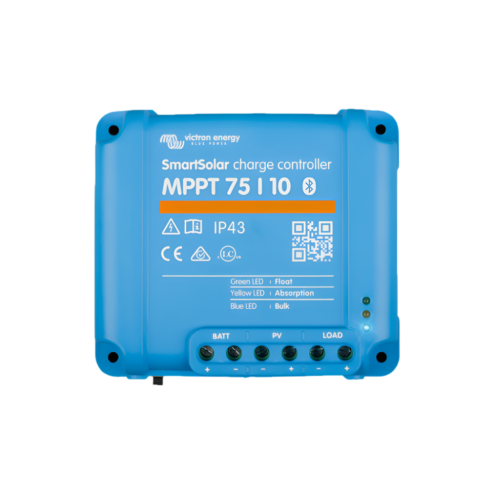 A blue Victron Energy SmartSolar MPPT 75 i 10 solar charge controller with product information and connectors visible on the front.