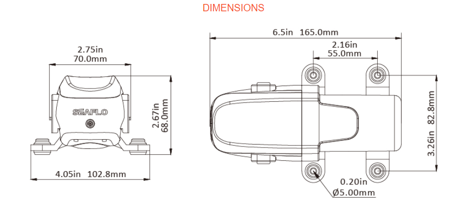 Dimension drawing of the Seaflo pump: 70.0mm wide across the body and 102.8mm across the mounting feet, 68.0mm tall, 165.0mm long overall with 55.0mm between the mounting hole centres, 82.8mm across the feet and 5.00mm diameter mounting holes