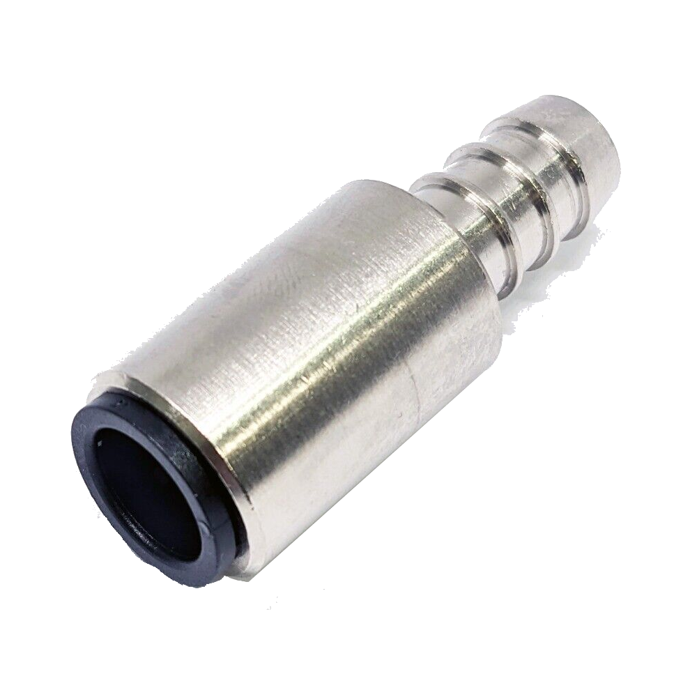 Nickel-plated push-in to barb adaptor, a collet fitting with a black grab ring at one end stepping up to a ribbed hose tail at the other