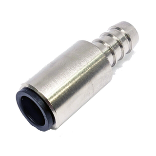Nickel-plated push-in to barb adaptor, a collet fitting with a black grab ring at one end stepping up to a ribbed hose tail at the other