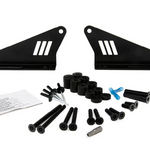 Set of black metal brackets and screws on a white background