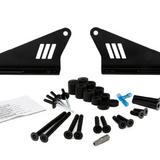 Set of black metal brackets and screws on a white background