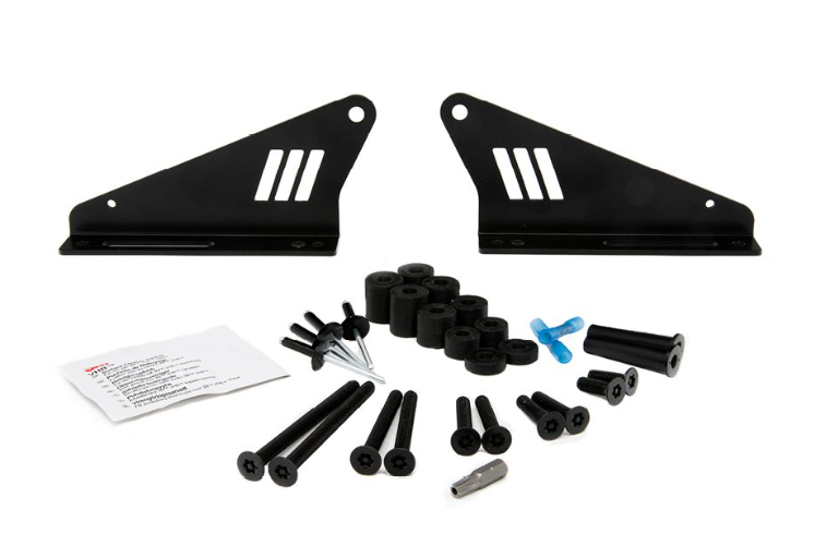 Set of black metal brackets and screws on a white background