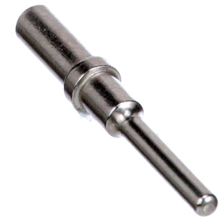Nickel-plated 18 to 16 AWG solid pin contact, the wire barrel at one end stepping down through a locating shoulder to the mating pin