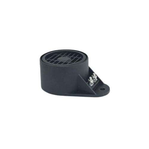 Reversing alarm with a round grilled speaker in a black moulded housing, mounted on a single triangular bracket foot with two stainless terminal studs on the side