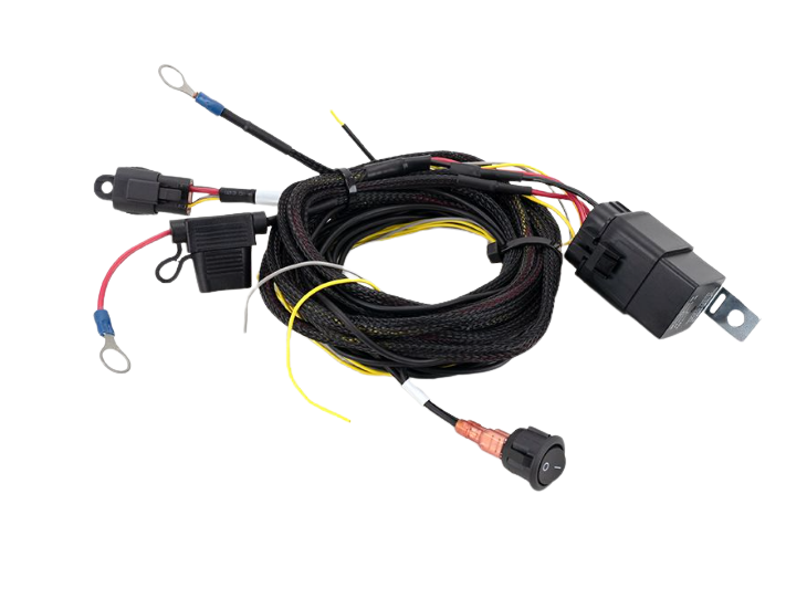 An assortment of Lazerlamps wiring kits including various connectors, cables, a relay, and fuses.