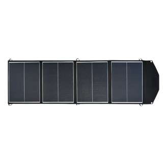 The 200W folding solar blanket opened out flat, four hinged panels of shingled cells in fabric-bound frames with corner tie loops, and the cable pocket at the far end